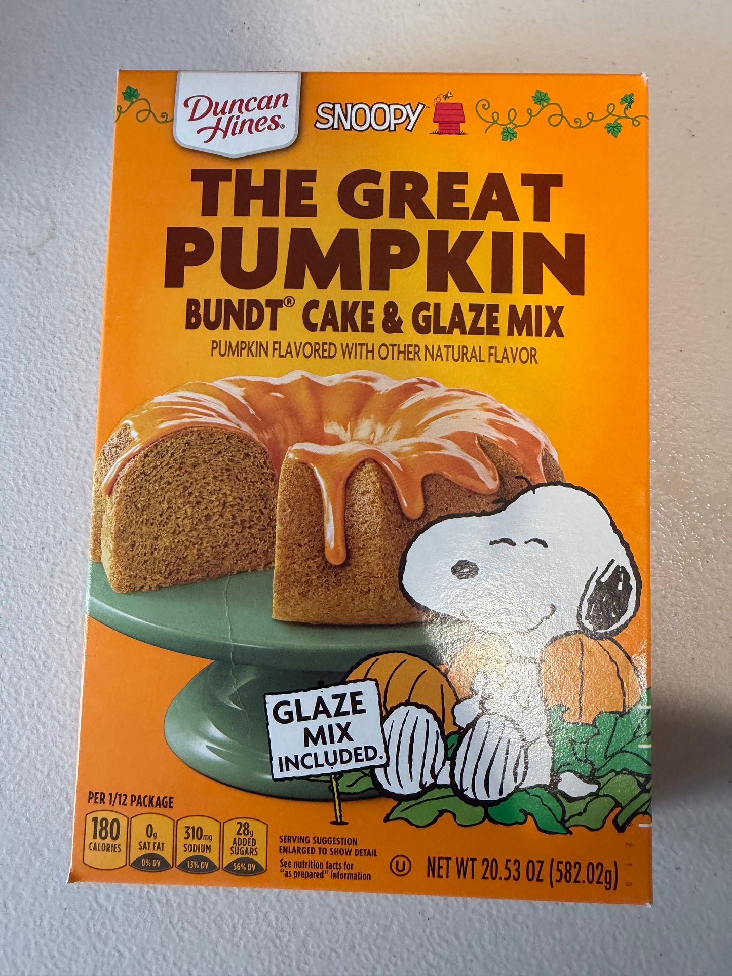 Snoopy Peanuts Charlie Brown by Duncan Hines The Great Pumpkin Bundt Cake & Glaze Mix