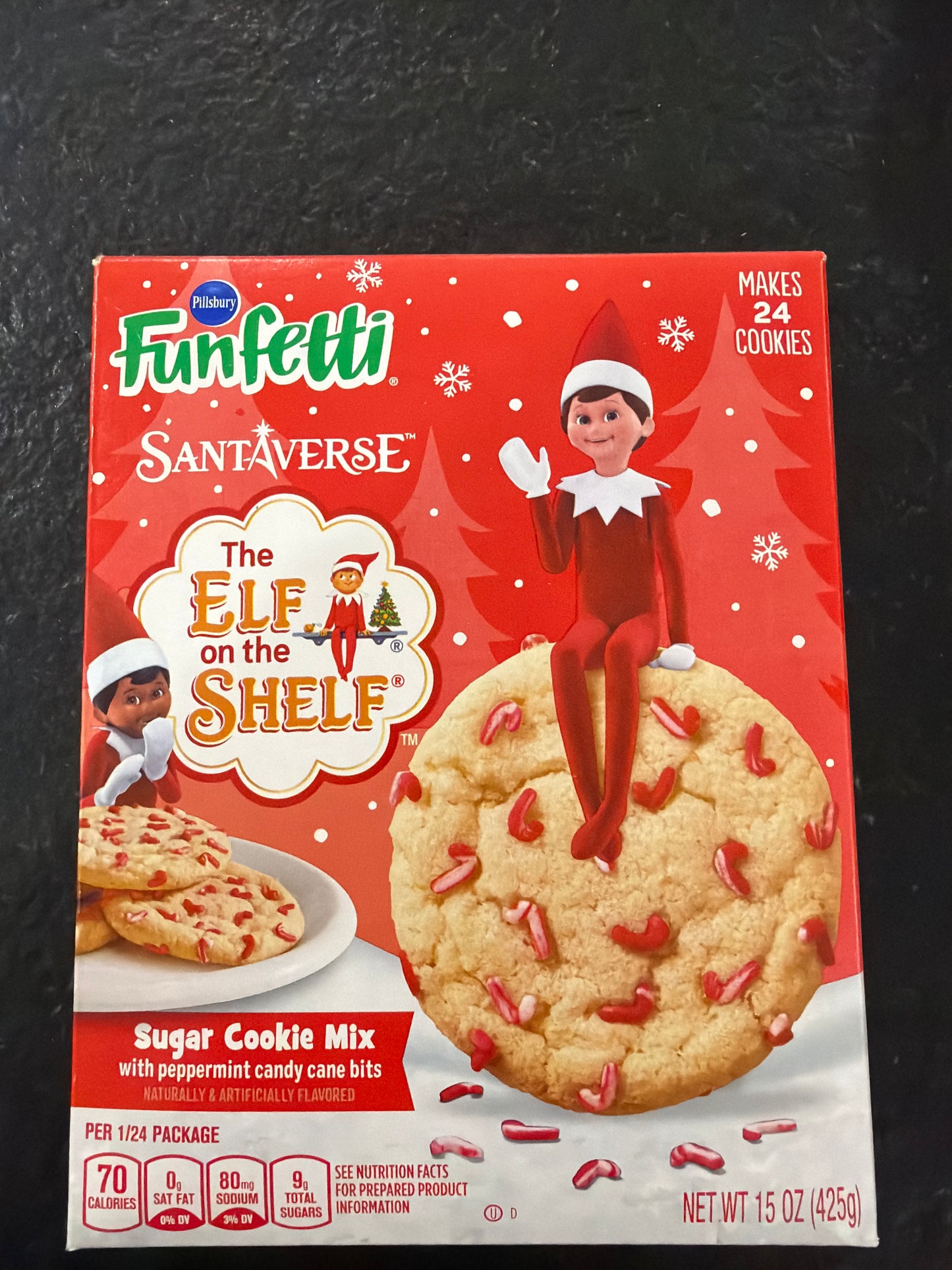 Pillsbury Santaverse Elf on the Shelf Sugar Cookie Mix with peppermint candy cane bits .