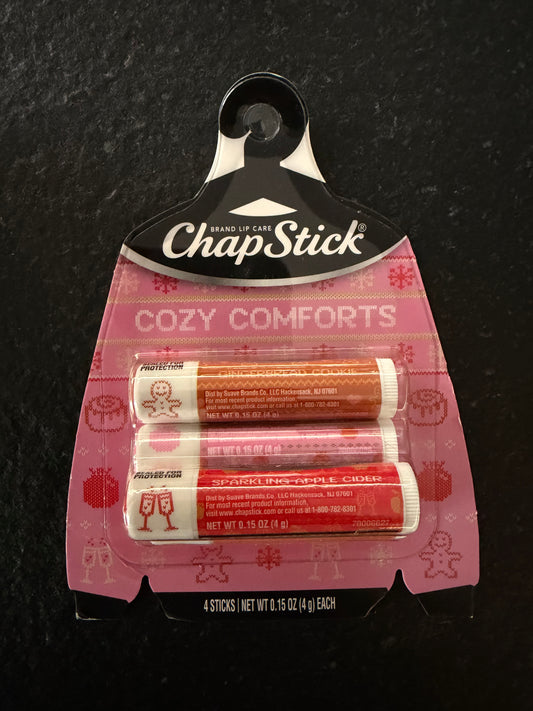 Chapstick Holiday Cozy Comforts Lip Chap Sticks 4 - gingerbread cookie, pomegranate spritz, sparkling apple cider and warm cinnamon roll ￼