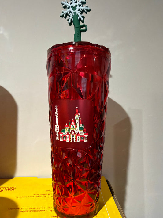 Starbucks Walt Disney World Holiday Tumbler with snowflake straw topper