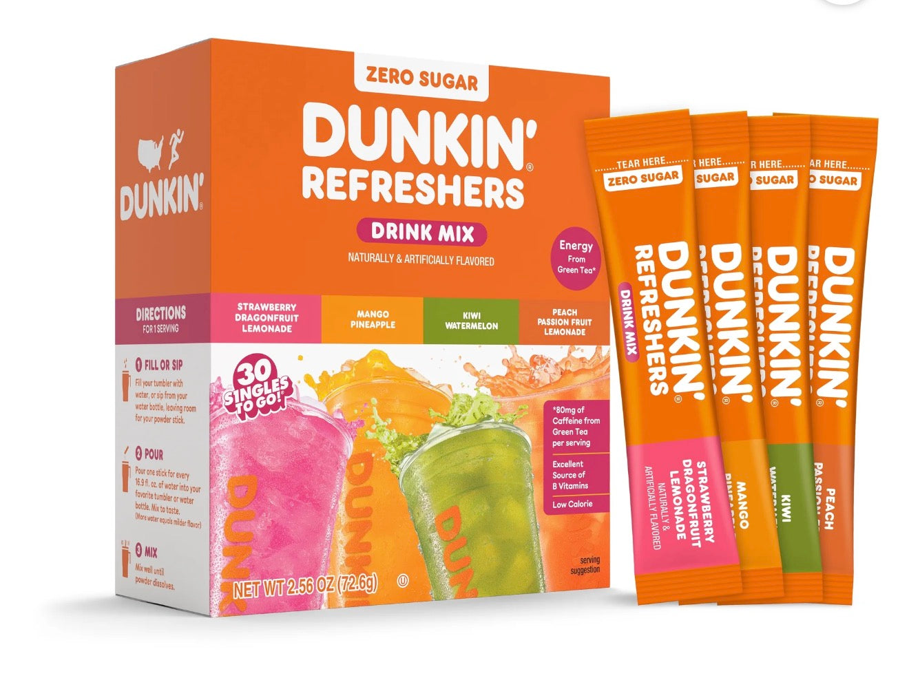 Dunkin Refreshers Drink Mix Zero Sugar Pack Of 30 or 40 Mixed Flavour Singles