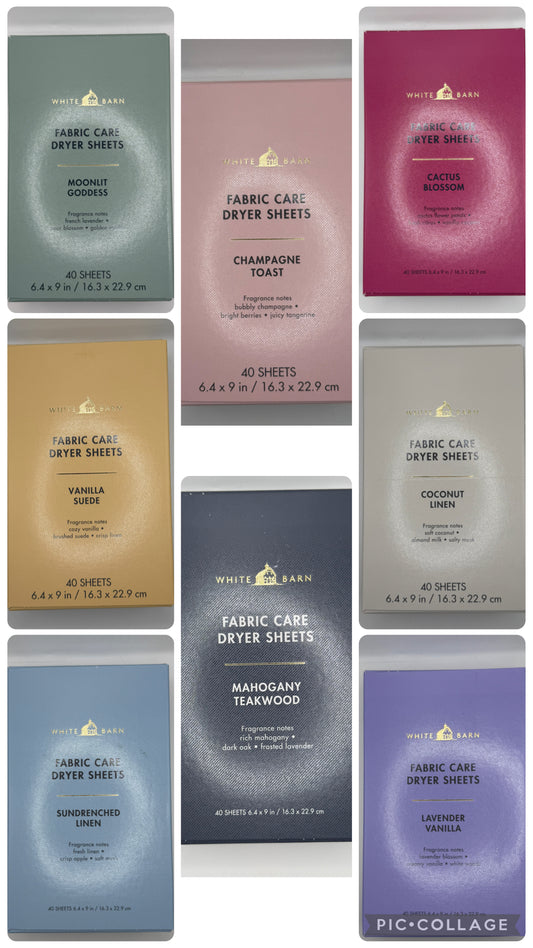 BBW White Barn Fabric Dryer Sheets Box of 40 Various Scents